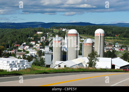 Silos zur Lagerung von landwirtschaftlichen Produkten aus der Farm Fernand Bovin in Quebec wie gesehen von der Autobahn auf dem Weg nach Quebec City. Stockfoto