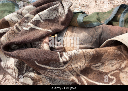 Einer der Oberst Gaddafis bewacht legt Toten in den Straßen auf Sirt nach einem NATO-Luftangriff auf Gaddafi-Konvoi. Stockfoto