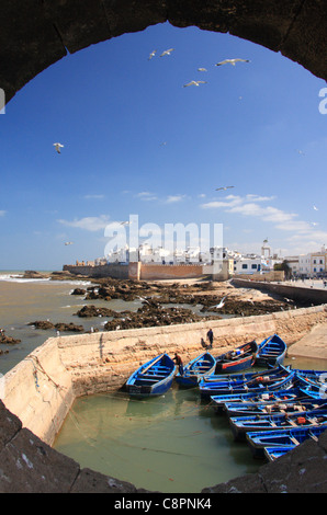 Blick über Angelboote/Fischerboote in der Skala Du Port in die Medina aus einer Öffnung in der Hafenmauer in Essaouira, Marokko, Afrika Stockfoto