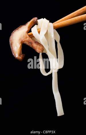 Shitake Pilzen und Nudeln auf Stäbchen mit schwarzem Hintergrund Stockfoto