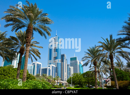 Skyline von Downtown Hochhaus Wolkenkratzer mit Palmen Bäume Dubai City, Vereinigte Arabische Emirate, Vereinigte Arabische Emirate, Naher Osten Stockfoto