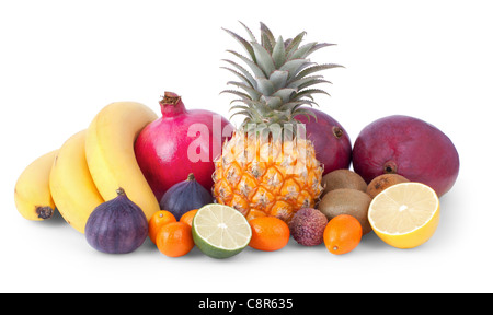 Stillleben aus tropischen Früchten isoliert auf weißem Hintergrund Stockfoto