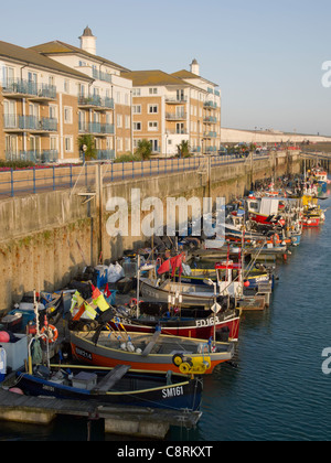 Angelboote/Fischerboote vertäut neben Wohnhäusern in Brighton Marina, England. Stockfoto