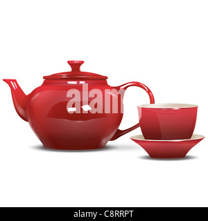 Tasse Kaffee und Teekanne Stockfoto