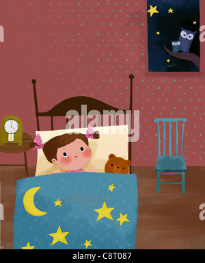 Junge mit Teddy Bär schlafen auf Bett Stockfoto