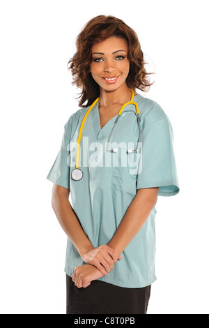 Porträt der jungen afrikanischen amerikanischen Arzt oder Krankenschwester isoliert auf weißem Hintergrund Stockfoto