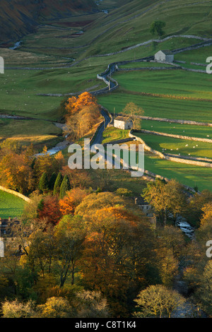 Die ersten Sonnenstrahlen treffen das bunte Herbstlaub Arncliffe in Littondale, Yorkshire Stockfoto