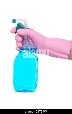 blaue Waschmittel und Handschuh auf weißem Hintergrund Stockfoto