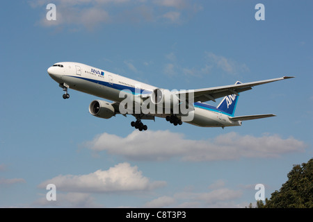 ANA Boeing 777-300ER Langstrecke widebody Pkw Flugzeug Ansatz von London Heathrow Stockfoto