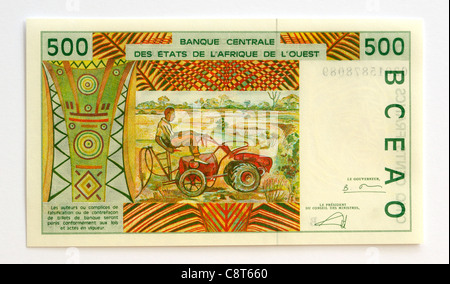 Benin 500 fünf hundert Franken Banknote. Stockfoto