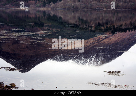 Ein einzelnes weißes Haus am Ufer des schottischen Loch mit Schnee bedeckten Berge spiegeln sich in das Stille Wasser Stockfoto