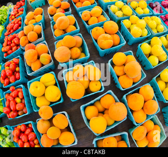 USA, New York City, Pflaumen in Kartons Stockfoto