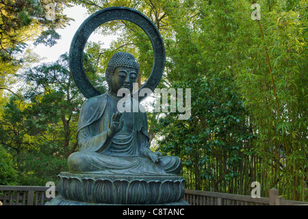 Sitzend Bronze-Buddha auf Lotus in San Francisco japanischer Garten Stockfoto