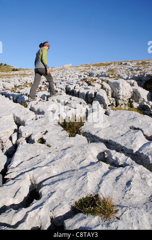 Ein Walker auf Kalkstein Pflaster auf den Dent de Crolle in der Chartreuse Region Frankreichs Stockfoto