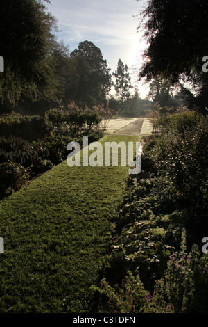 Cholmondeley Schlossgärten. Silhouette herbstlicher Blick auf Weg zu Cholmondeley Castle Rose Garden. Stockfoto