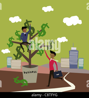Geschäftsmann, sitzen auf bepflanzten Dollarzeichen Baum und andere Geschäftsmann winken Stockfoto