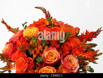 Eine Nahaufnahme von einem bunten Blumenstrauß. Rot und orange Rosen, roten Freesien Stockfoto