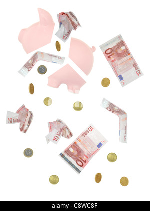 Sparschwein und Euro-Banknoten und-Münzen zum Einsturz Stockfoto