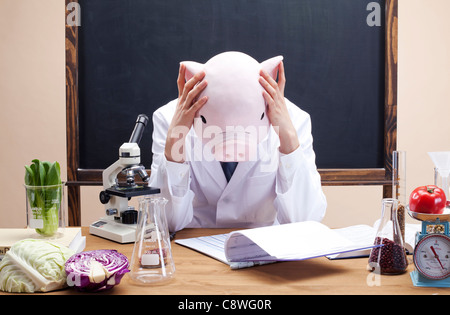 Pig Head Ernährungsberaterin mit Hand am Kopf Stockfoto