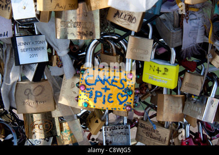 Vorhängeschlösser auf einer Brücke in der Nähe von Notre Dame in Paris, Frankreich Stockfoto