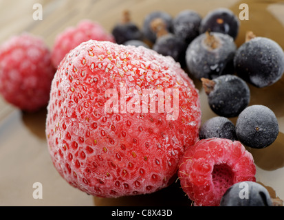 Die gefrorenen Himbeere, Erdbeere, Heidelbeere. Beeren mit Raureif bedeckt. Stockfoto