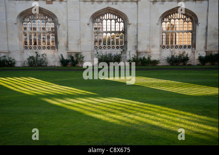 Sonnenlicht und Schatten durch Stein Bogen Fenster in eine Wand am Kings College in Cambridge auf Kings Parade England UK Stockfoto