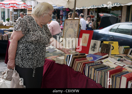 Eine Frau, die Inspektion Bücher auf einem Flohmarkt am letzten Samstag des Monats statt, im Praça Comércio, Coimbra, Portugal. Stockfoto