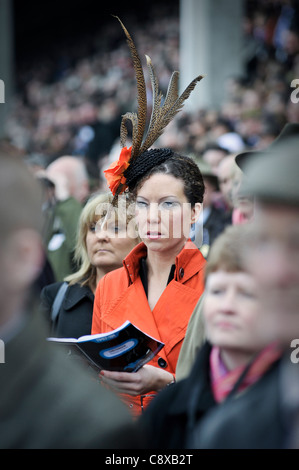 Frau trägt einen Hut mit Federn beim Cheltenham-Pferderennen Stockfoto