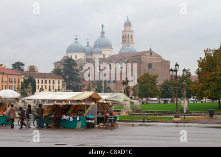 Obst und Gemüse Marktstände auf Piazza Prato della Valle vor der Basilika von St. Giustina in Padua, Padua, Venetien, Italien, Europa. Stockfoto