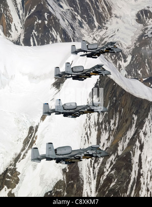 A-10 Thunderbolt IIS fliegen über den Pacific Alaska Range Complex April 24 während Live-Fire Training. Die A-10 sind vom 355th Fighter Squadron der Eielson Air Force Base, Alaska. Mitglieder der 355. FS sind beauftragt, Mission Ready A-10 und eine Such- und Rettungsfunktion in Alaska und weltweit eingesetzt Standorte bereitzustellen. Stockfoto