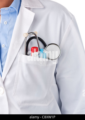Arzt mit Stethoskop, Thermometer und Stifte Innentasche Stockfoto