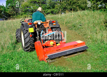 Kleiner Bauernhof Traktor Busch Beschlag auf einer Wiese in Trentino Alto Adige. Italien Stockfoto