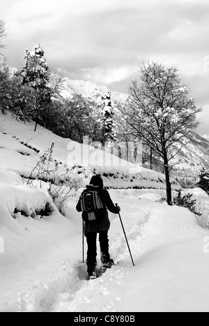 Wanderer, Spaziergänge im Schneewald Stockfoto