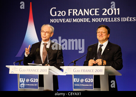 HERMAN VAN ROMPUY & José MANUEL Durão BARROSO Präsident der europäischen Länder 4. November 2011 PALAIS DE FESTIVAL CANNES Frankreich Stockfoto