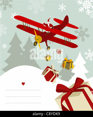 Weihnachtsmann Geschenke von einem Flugzeug mit Leerzeilen zu werfen, auf verschneiten Hintergrund zu schreiben. Vektor-Datei zur Verfügung. Stockfoto