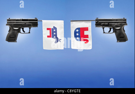 Studioaufnahme von Waffen mit politischen Parteien Symbole Stockfoto