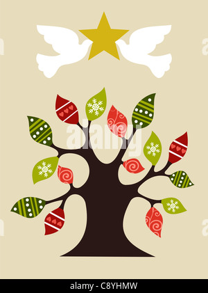 Weihnachtsbaum mit pace-Tauben halten und glänzenden goldenen Stern auf der Spitze. Vektor-Datei zur Verfügung. Stockfoto