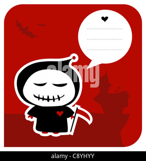 Lustige Sensenmann Einladung mit Ernte Haken und Sprechblase als Grußkarte nutzbar. Vektor zur Verfügung Stockfoto