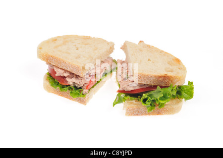 Thunfisch-Mayo-Sandwich auf Weißbrot mit Salat und Tomate halbieren auf weißem Hintergrund, Ausschnitt. Stockfoto