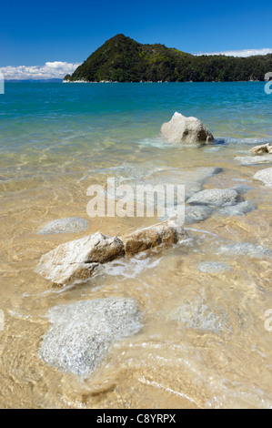 Blick auf die Küstenlinie und Adele Insel vom Strand, Abel Tasman Nationalpark, Südinsel, Neuseeland Stockfoto