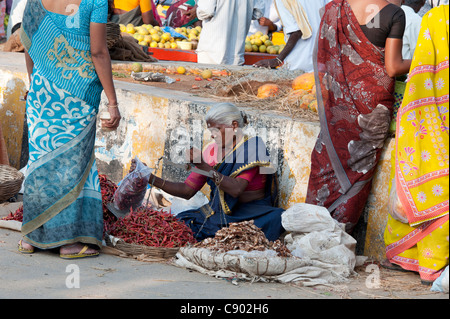 Ländliche Indianerin, rote Chili in einer indischen Straßenmarkt in Puttaparthi zu verkaufen Stockfoto