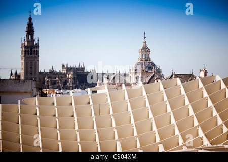 Die Giralda Turm (links) und El Salvador Kuppel (rechts), wie gesehen von der Spitze des Metropol Parasol (Vordergrund), Sevilla, Spanien Stockfoto