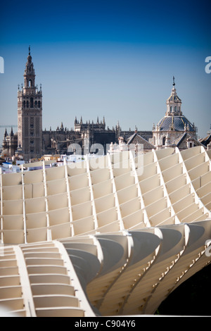 Die Giralda Turm (links) und El Salvador Kuppel (rechts), wie gesehen von der Spitze des Metropol Parasol (Vordergrund), Sevilla, Spanien Stockfoto