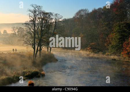 Ein paar Spaziergänge entlang des Ufers von einem nebligen Flusses Wharfe im Herbst Stockfoto