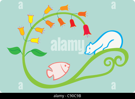 ein Eisbär, treffen eine Fisch-umgeben von Blumen und Blatt. Stockfoto