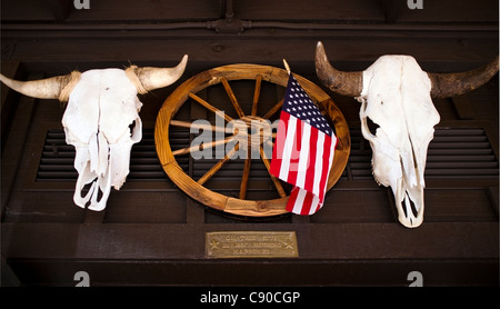 Zwei Kuh Schädel, ein Wagenrad und eine amerikanische Flagge. Stockfoto