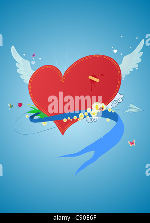 Cool funky rotes Herz in den Himmel fliegen. Ideal für Valentinstag und Hochzeit-Postkarten Stockfoto