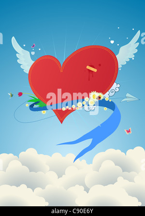 Cool funky rotes Herz fliegen über den Wolken. Ideal für Valentinstag und Hochzeit-Postkarten Stockfoto