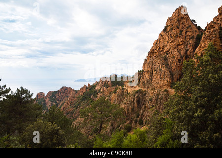 Roten Felsen von Piana am Golf von Porto, Calanche, Korsika, Frankreich, Europa Stockfoto