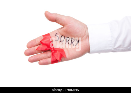 Mann-Palme mit inscription'sorry' auf weißem Hintergrund Stockfoto